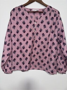 Pure Jill J.Jill Floral V Neck Blouse Purple Pink Organic Cotton Long Sleeve S